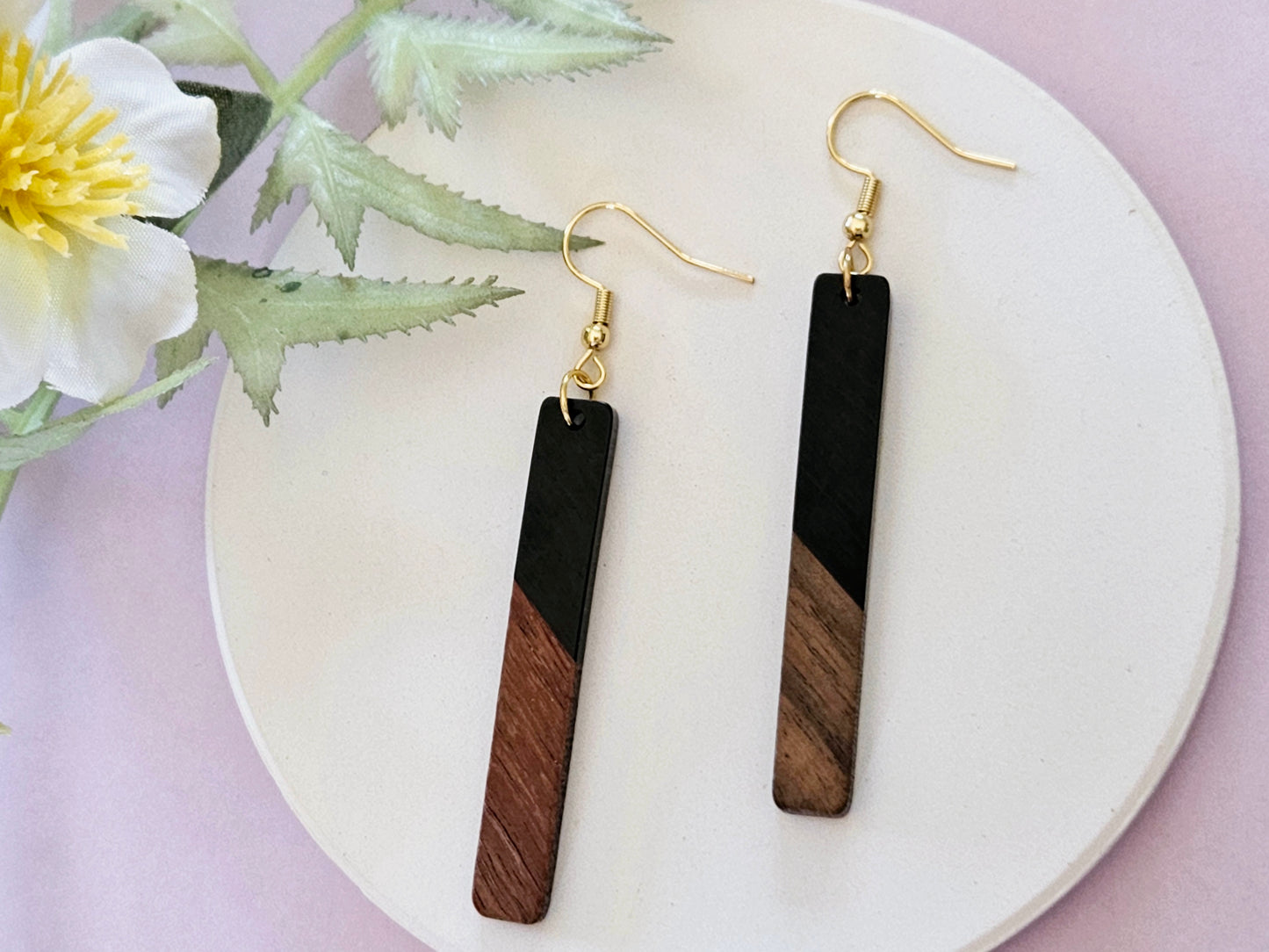 Wood and Resin Bar Gold Hook Earrings