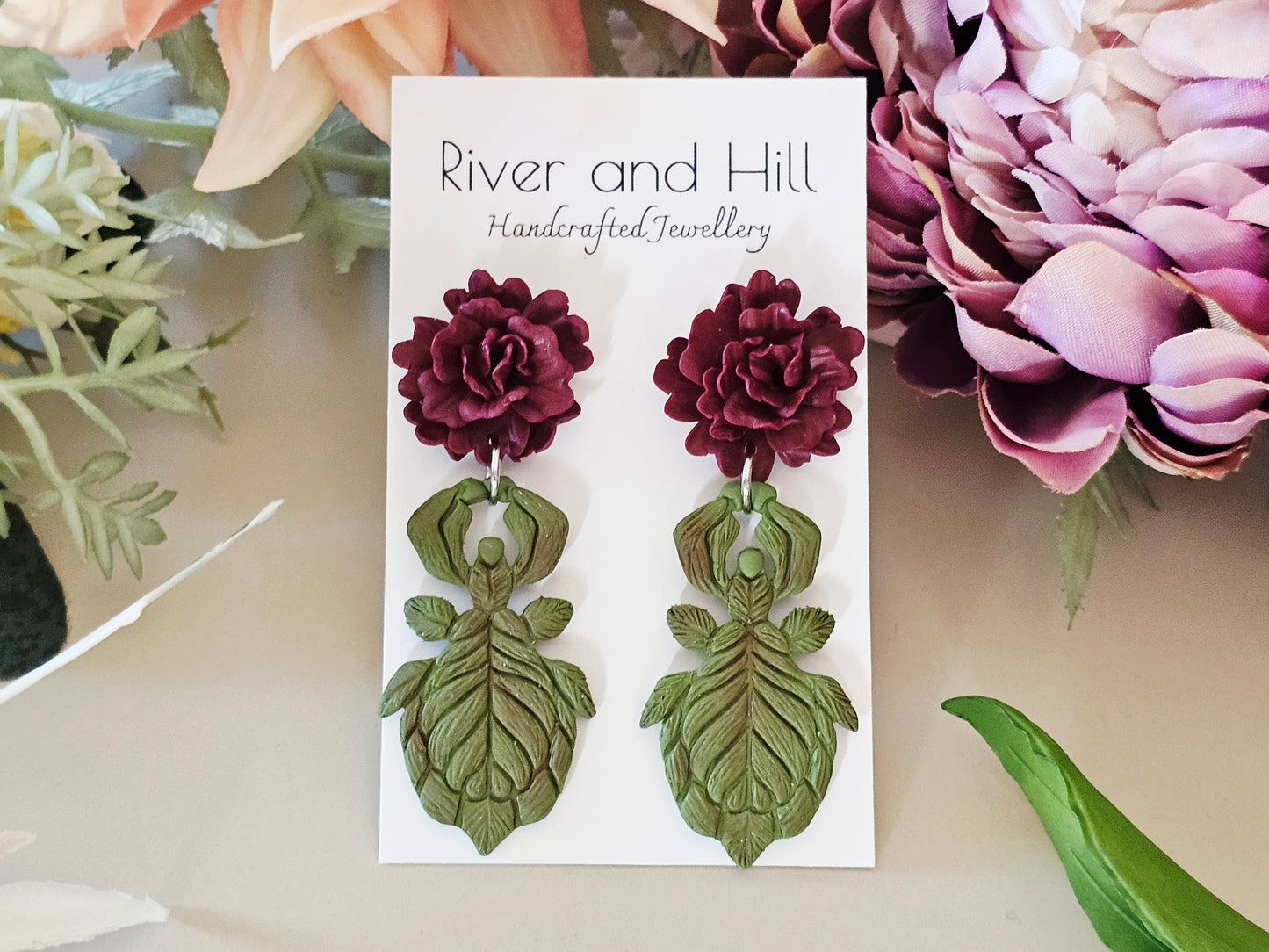 Leaf Insect & Carnation Earrings