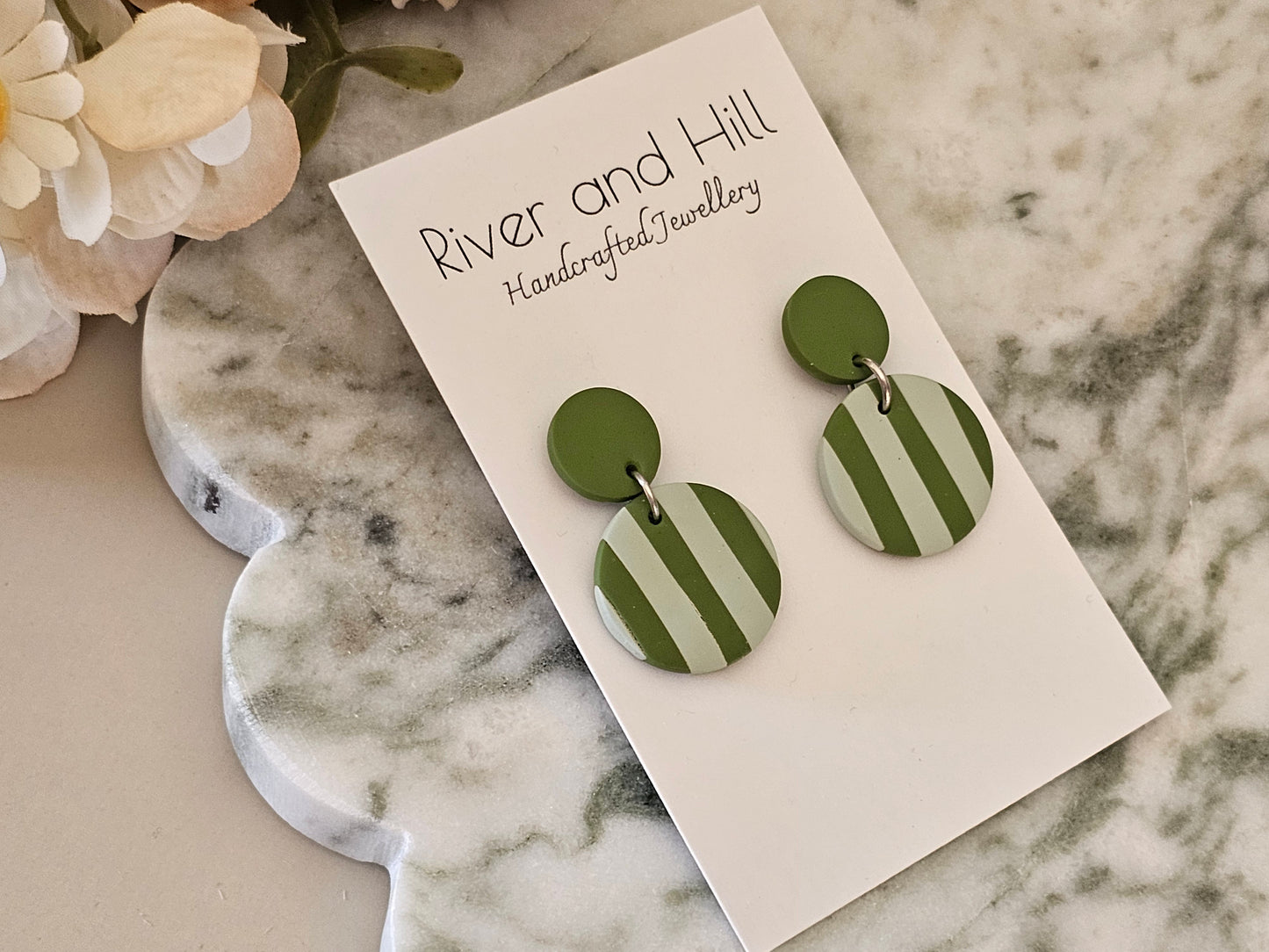 Striped Earrings Olive and Sage Green