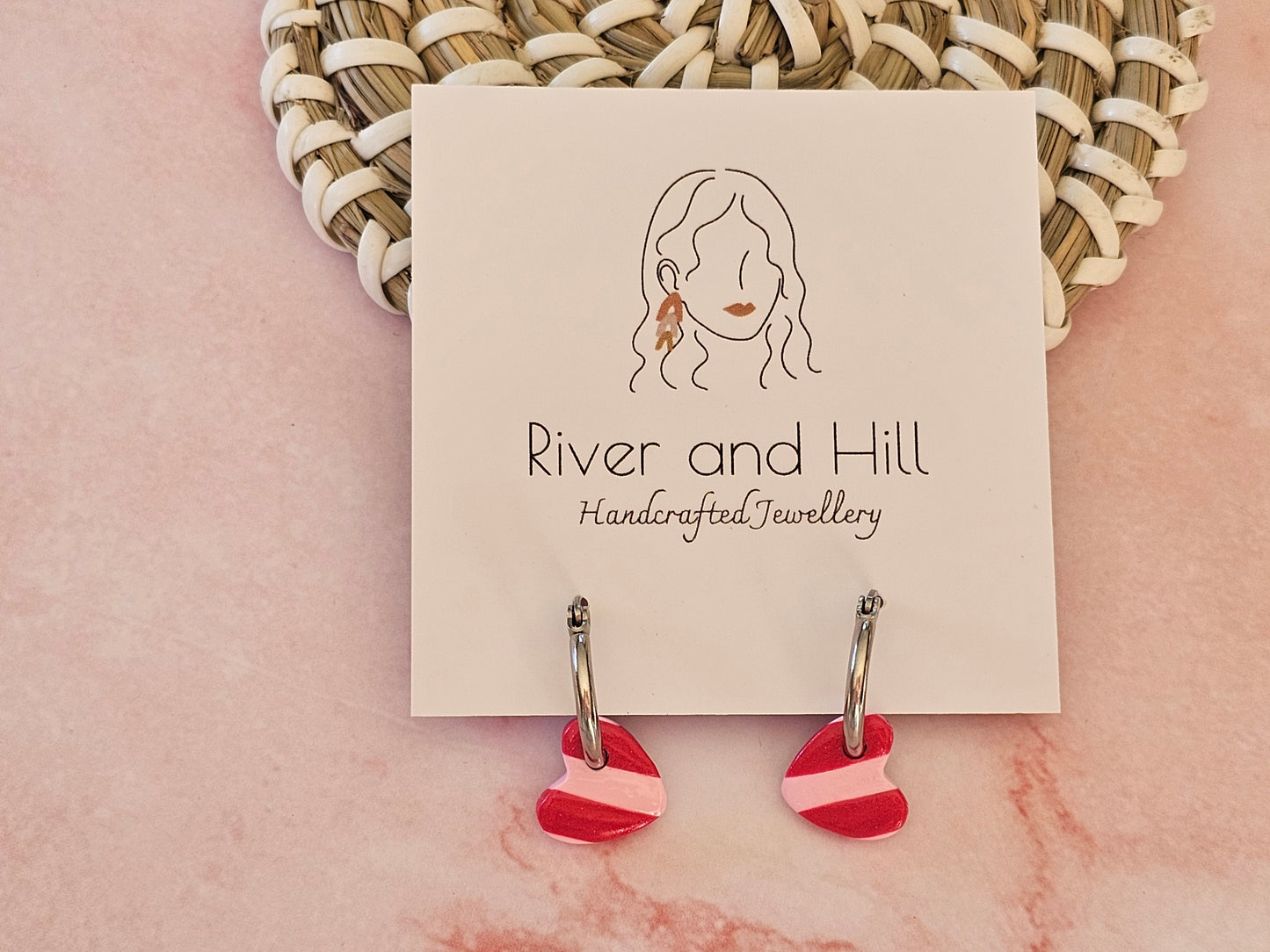 Striped Hoop Heart Earrings Pink and Red