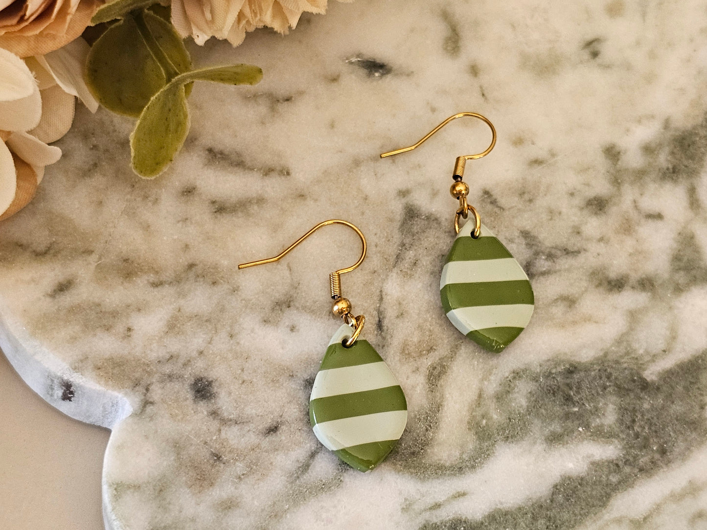 Striped Dainty Earrings Olive and Sage Green