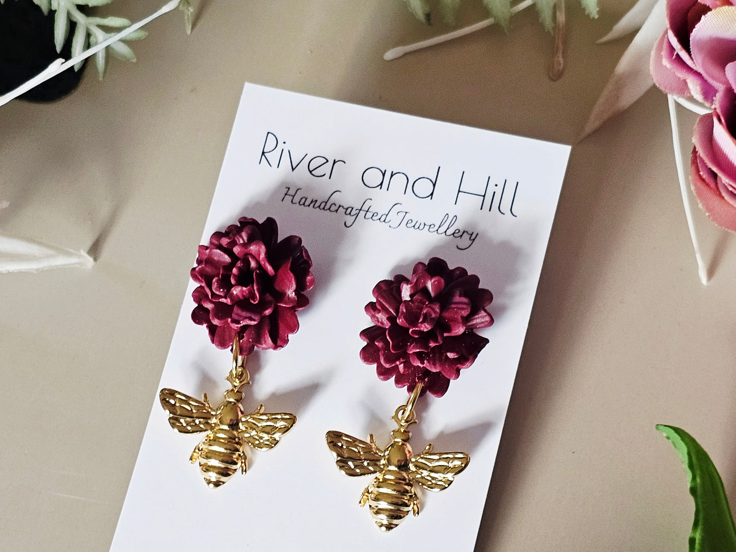 Carnation and Bee Charm Gold Earrings