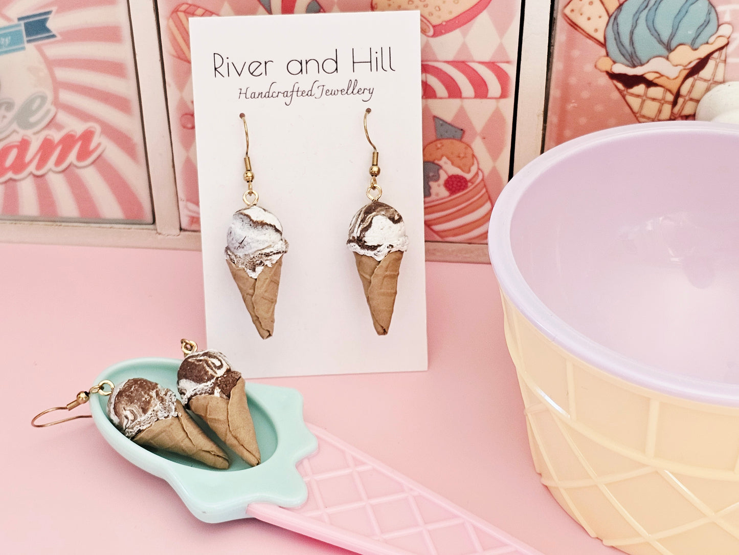 Ice Cream Cone Chocolate Swirl Earrings