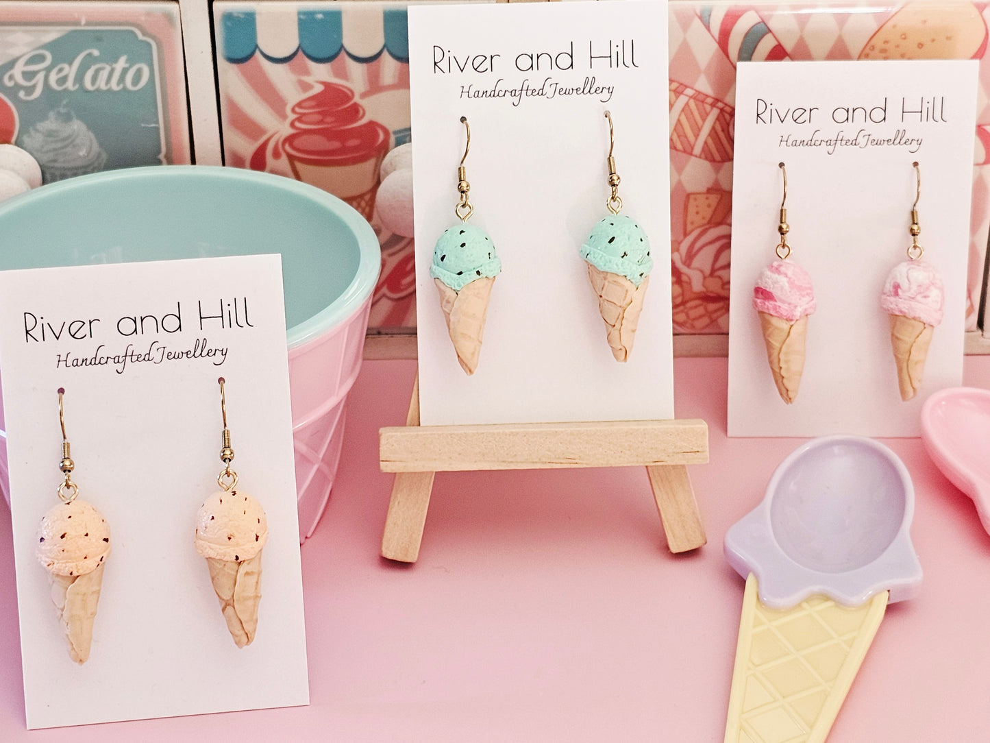 Ice Cream Cone Strawberry Swirl Earrings