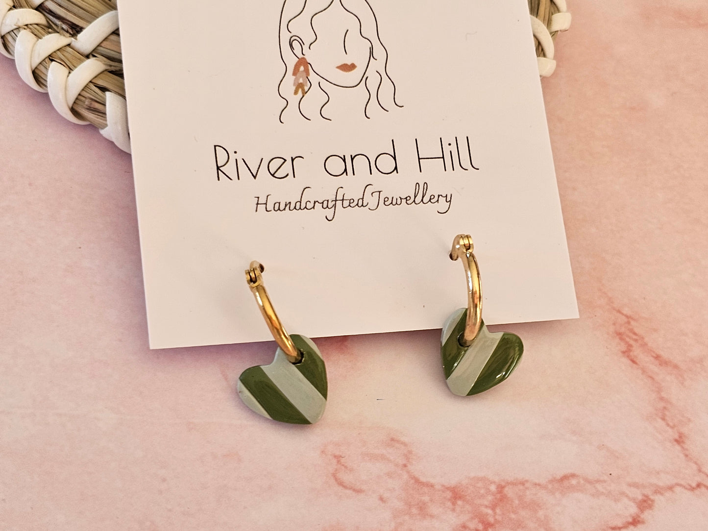 Striped Hoop Heart Earrings Olive and Sage Green