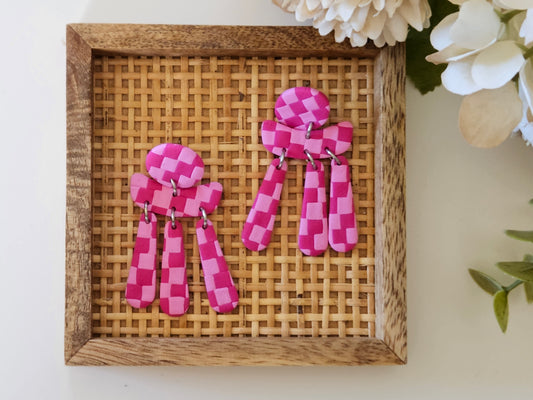 Checkered Dangle Pink Earrings
