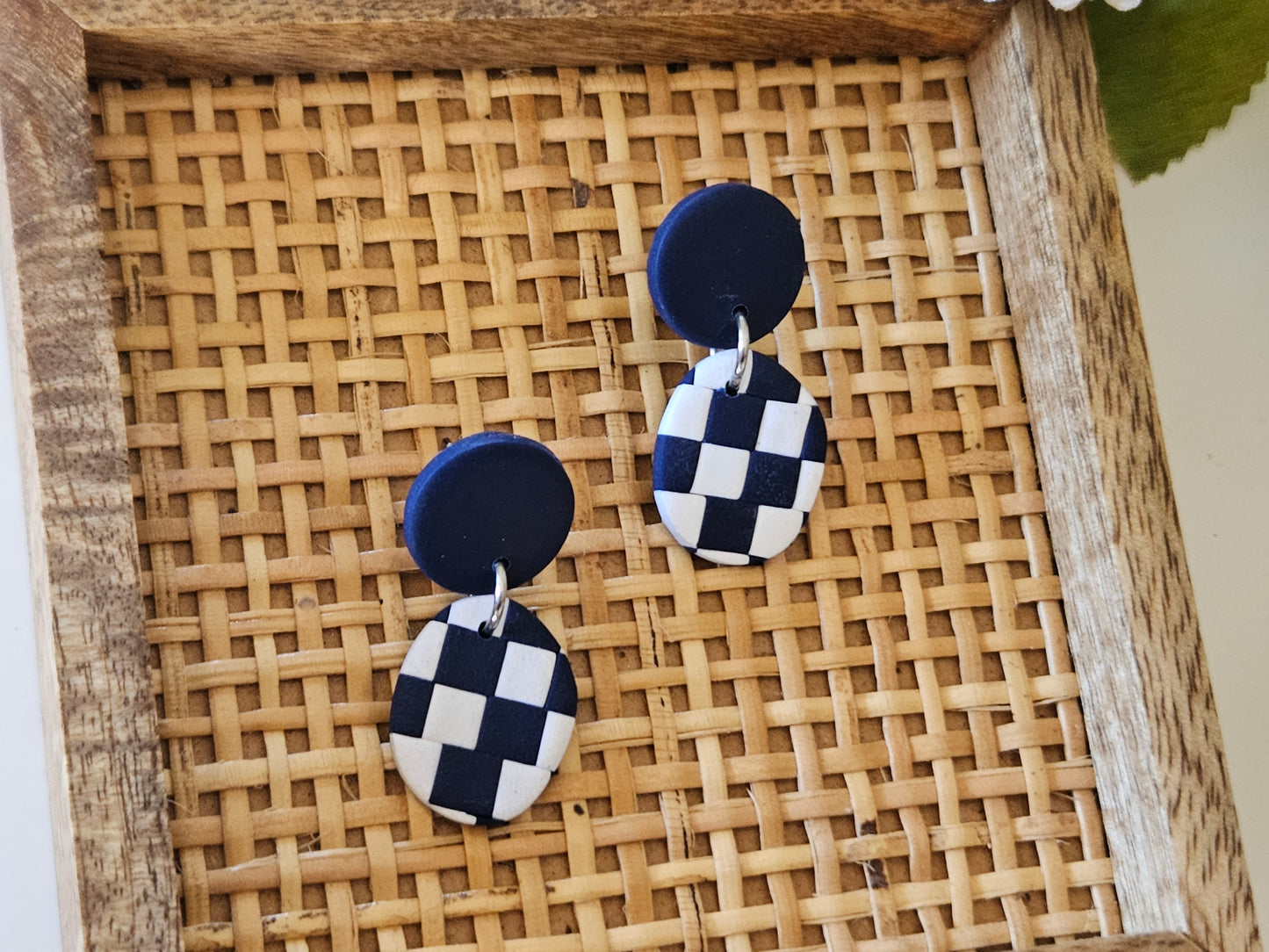 Checkered Drops Navy and White Earrings
