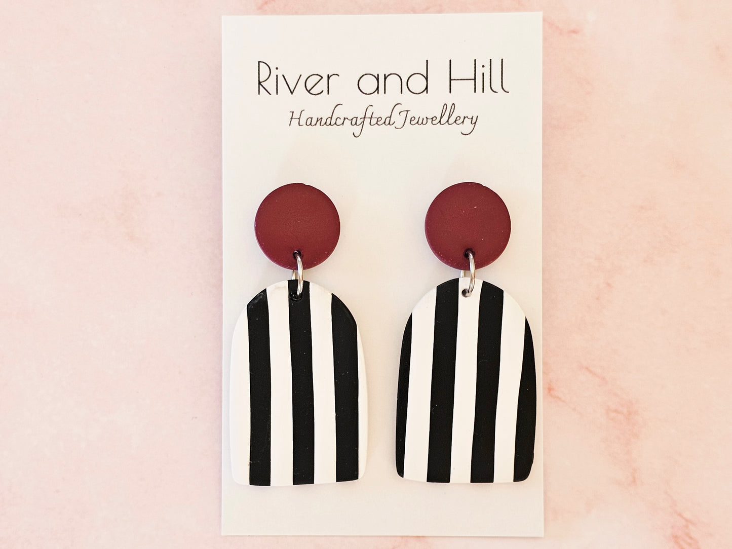 Striped Statement Earrings Black, White and Burgundy