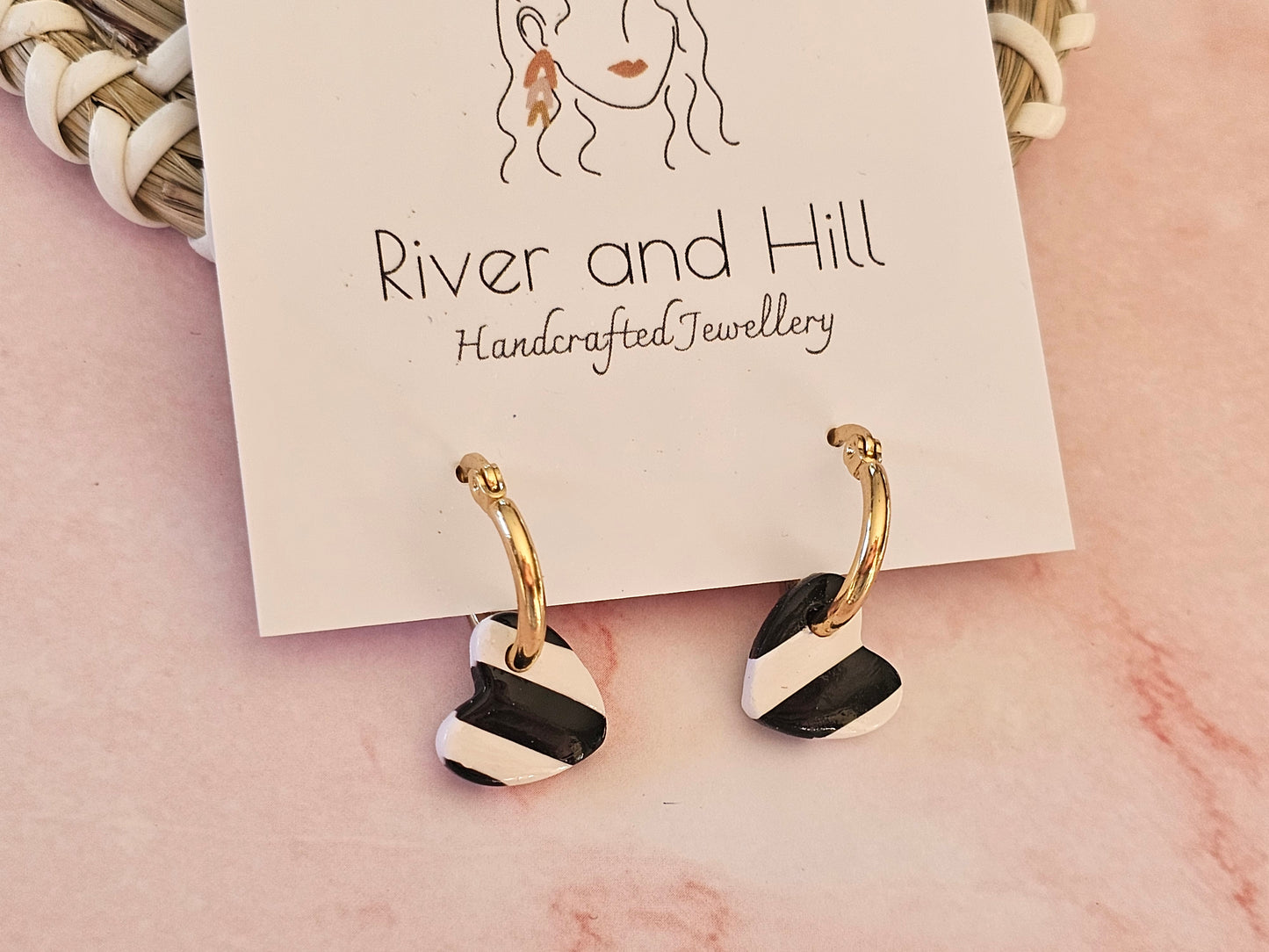 Striped Hoop Heart Earrings Black and White