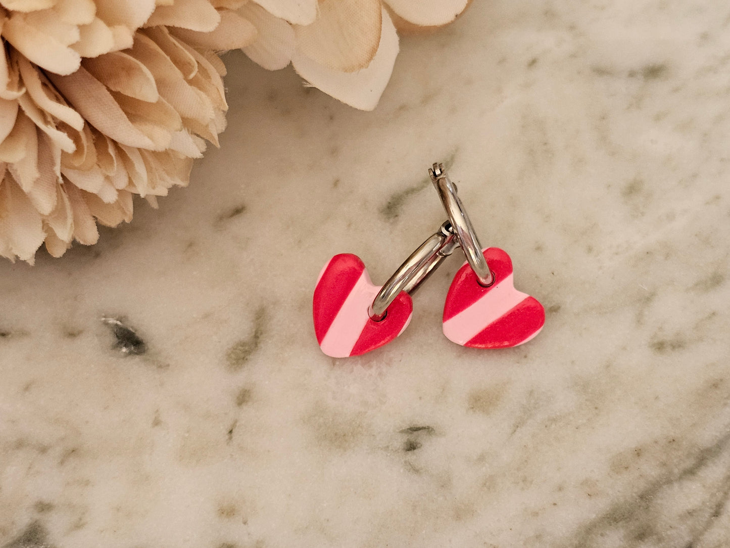 Striped Hoop Heart Earrings Pink and Red