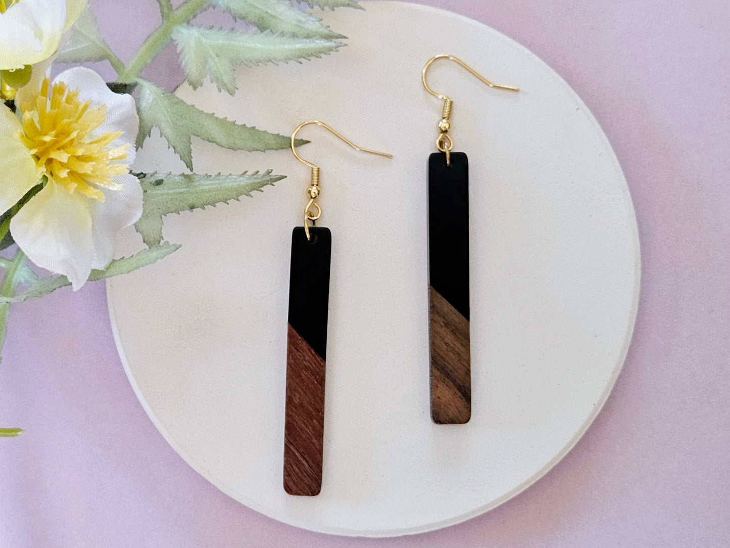 Wood and Resin Bar Gold Hook Earrings