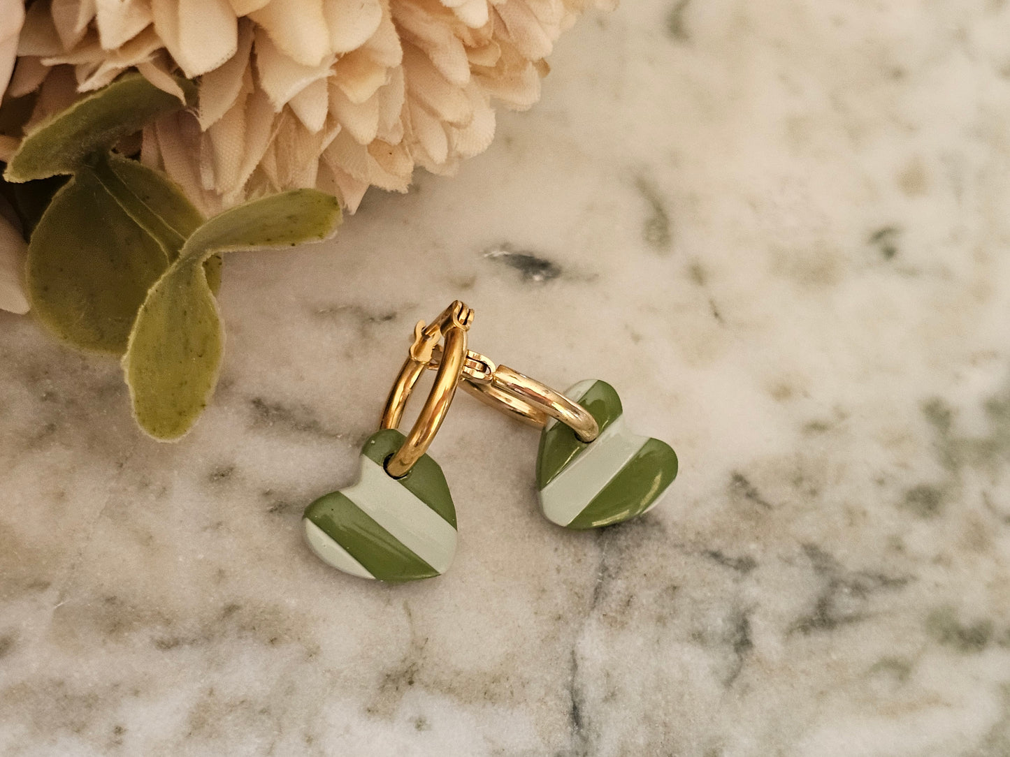 Striped Hoop Heart Earrings Olive and Sage Green