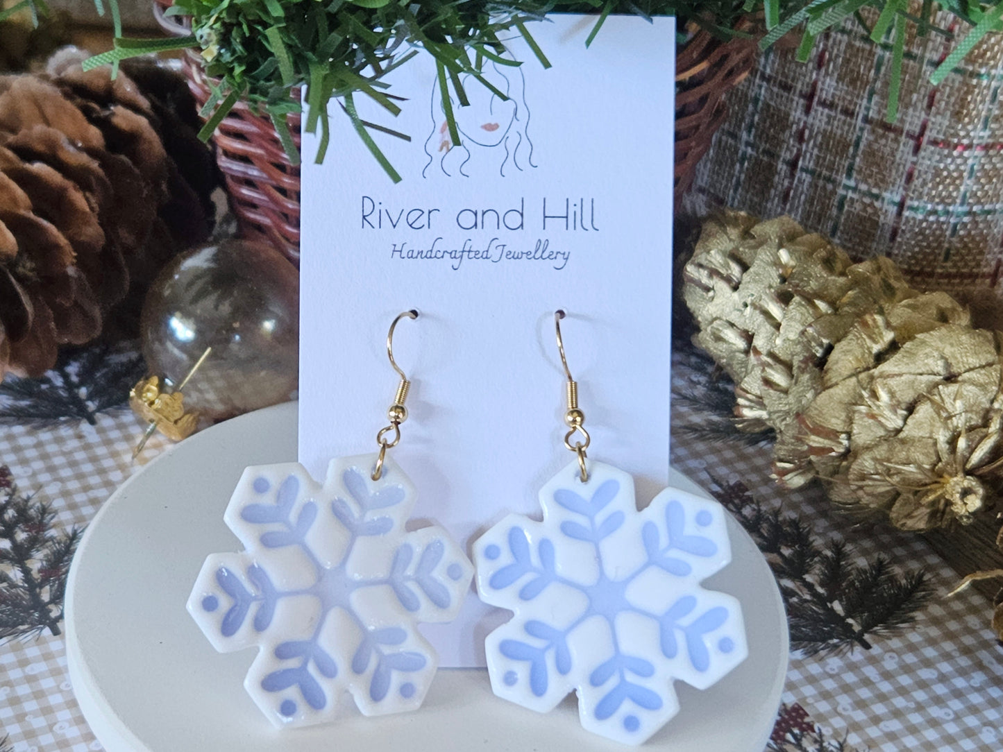 Christmas Porcelain Look Snowflake Hook Earrings