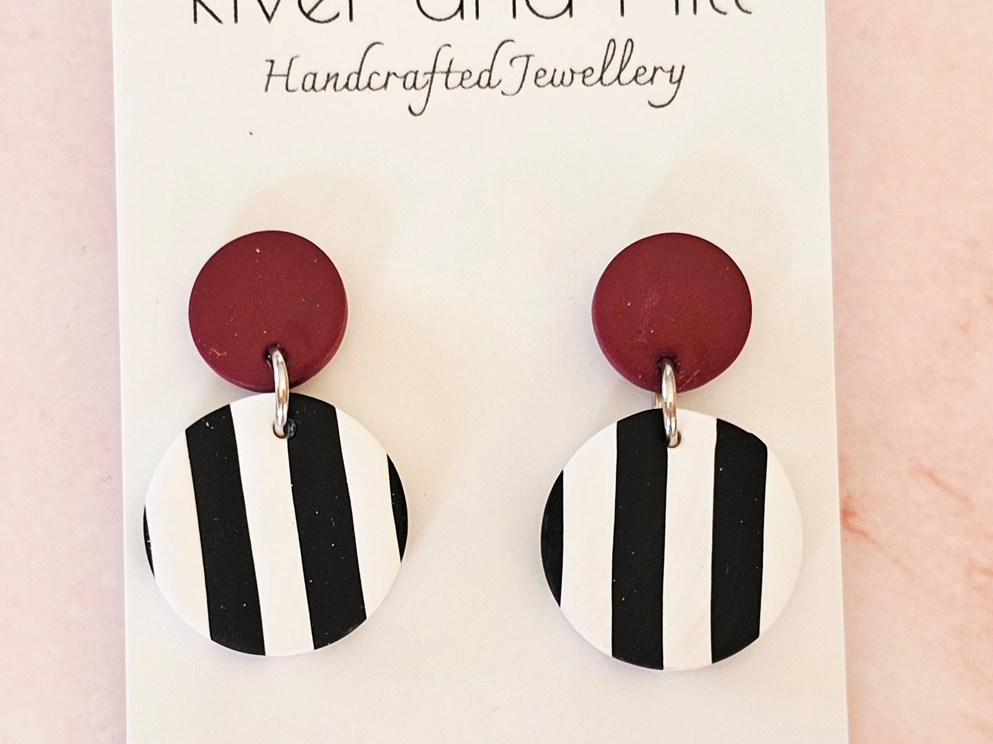 Striped Earrings Black, White and Burgundy