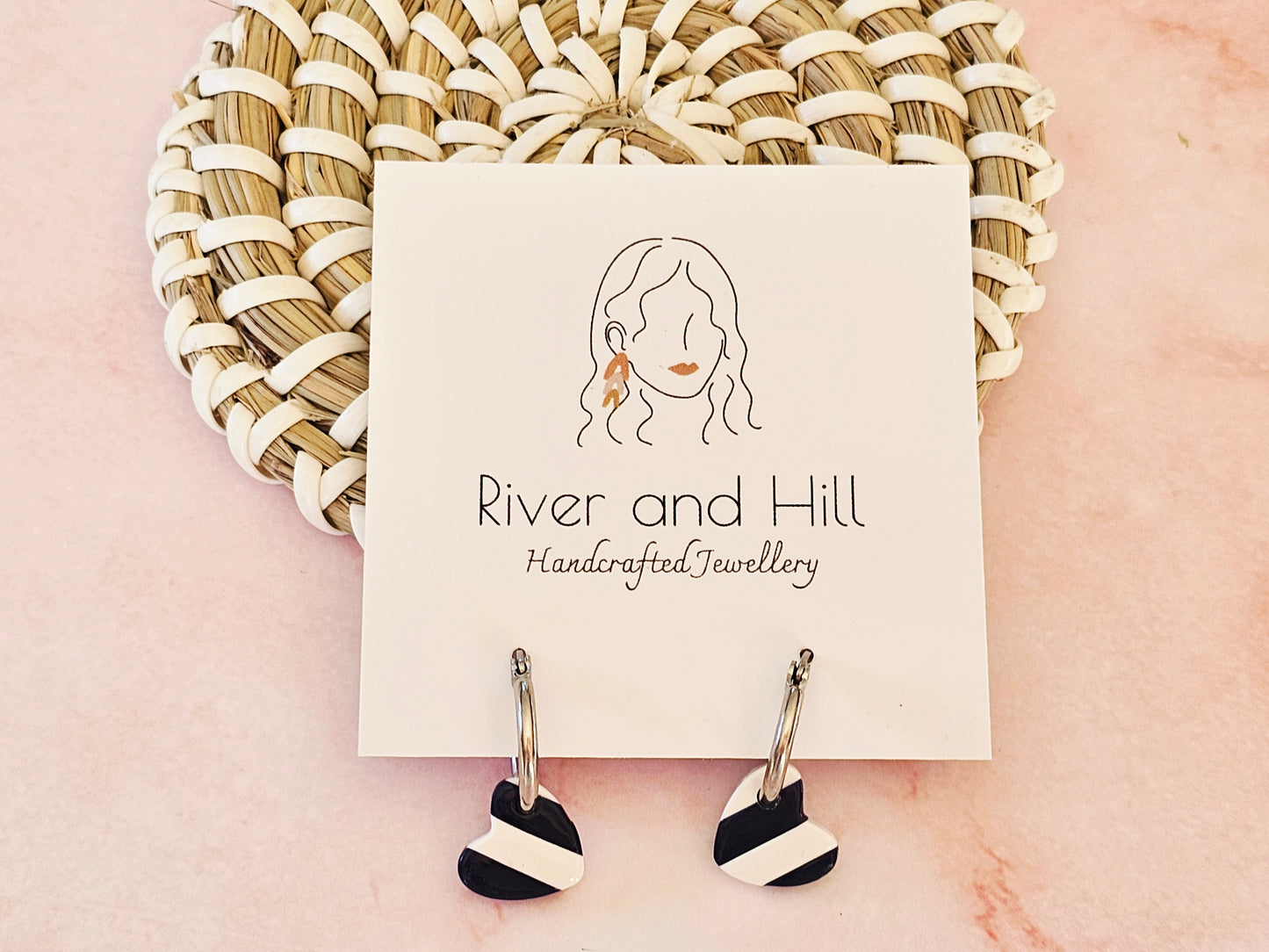 Striped Hoop Heart Earrings Navy and White