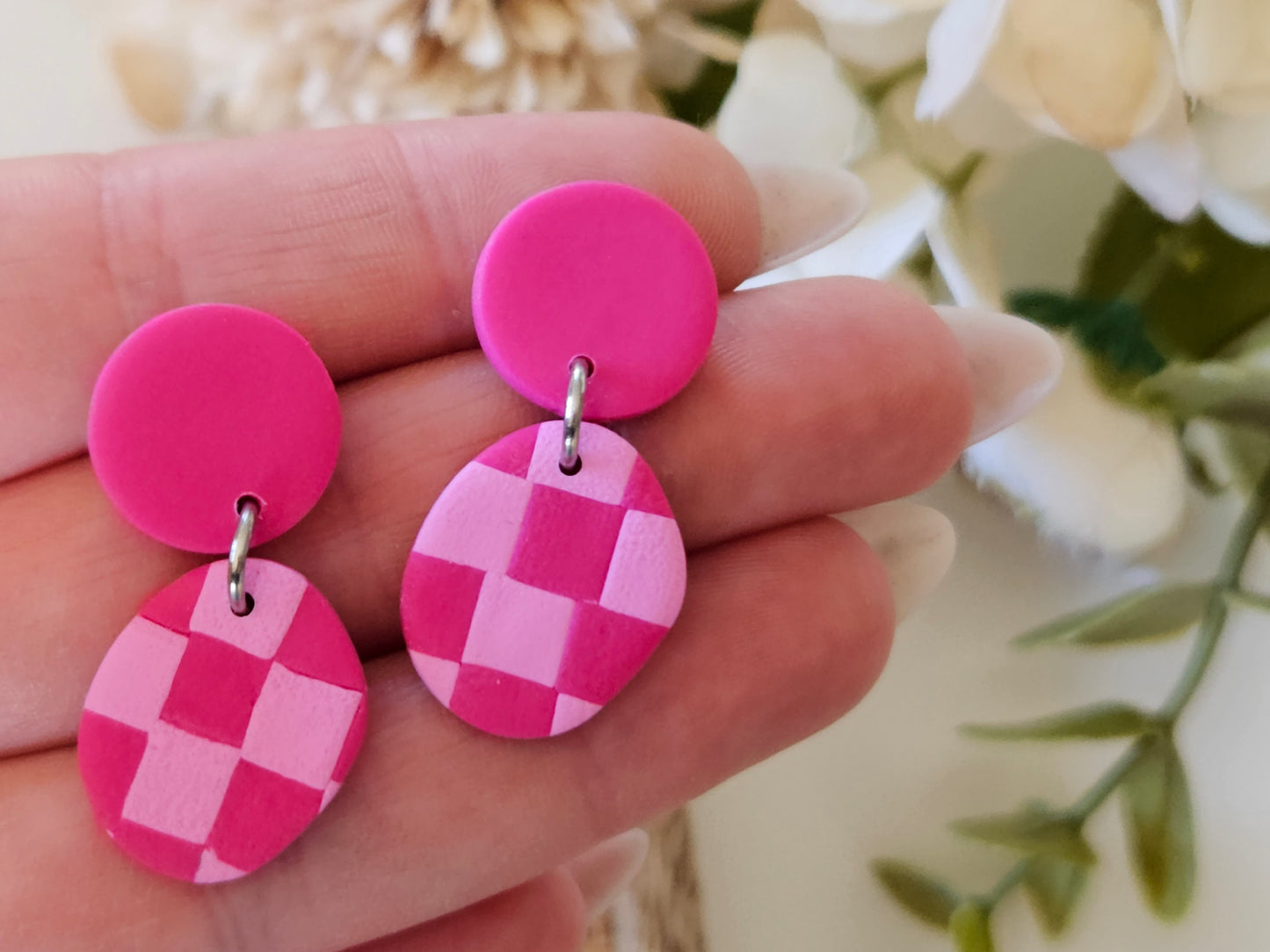 Checkered Drops Pink Earrings