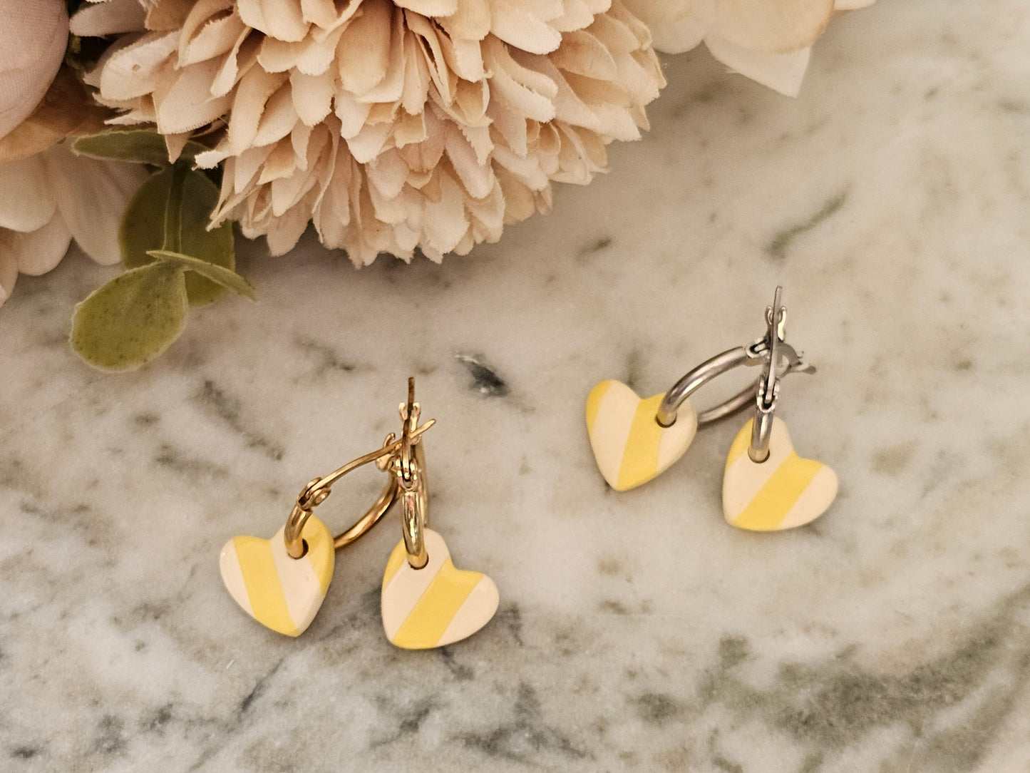 Striped Hoop Heart Earrings Yellow