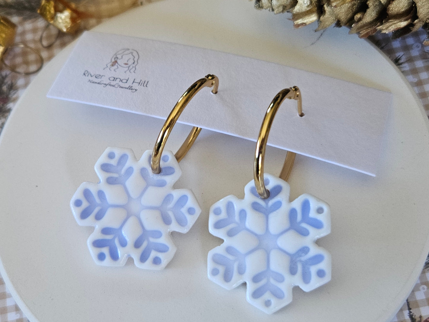 Christmas Porcelain Look Snowflake Hoop Earrings