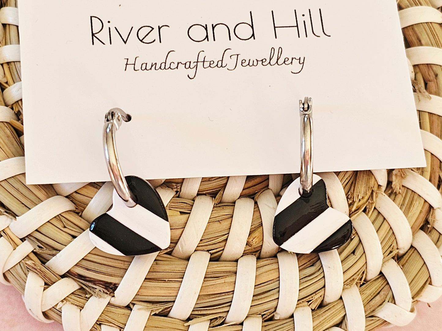 Striped Hoop Heart Earrings Black and White