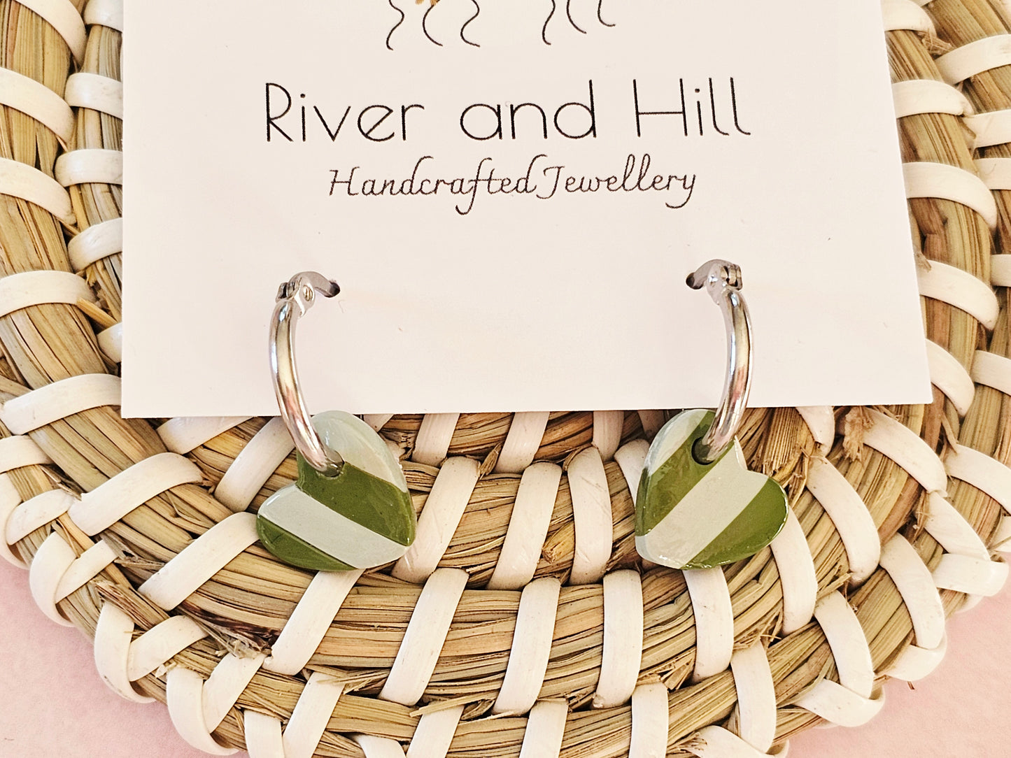 Striped Hoop Heart Earrings Olive and Sage Green