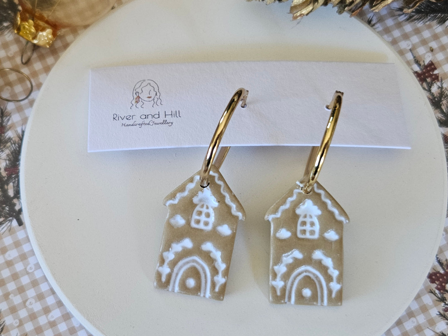 Christmas Folk Gingerbread House Hoop Earrings