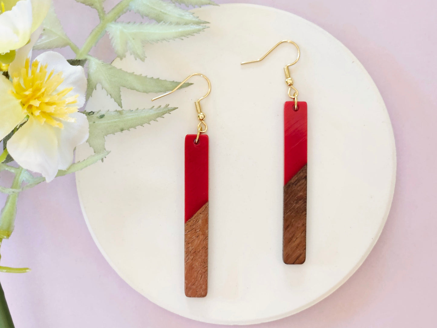 Wood and Resin Bar Gold Hook Earrings