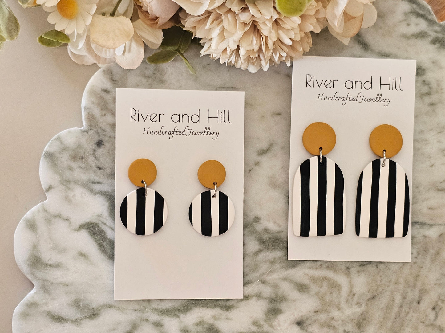 Striped Statement Earrings Black, White and Mustard