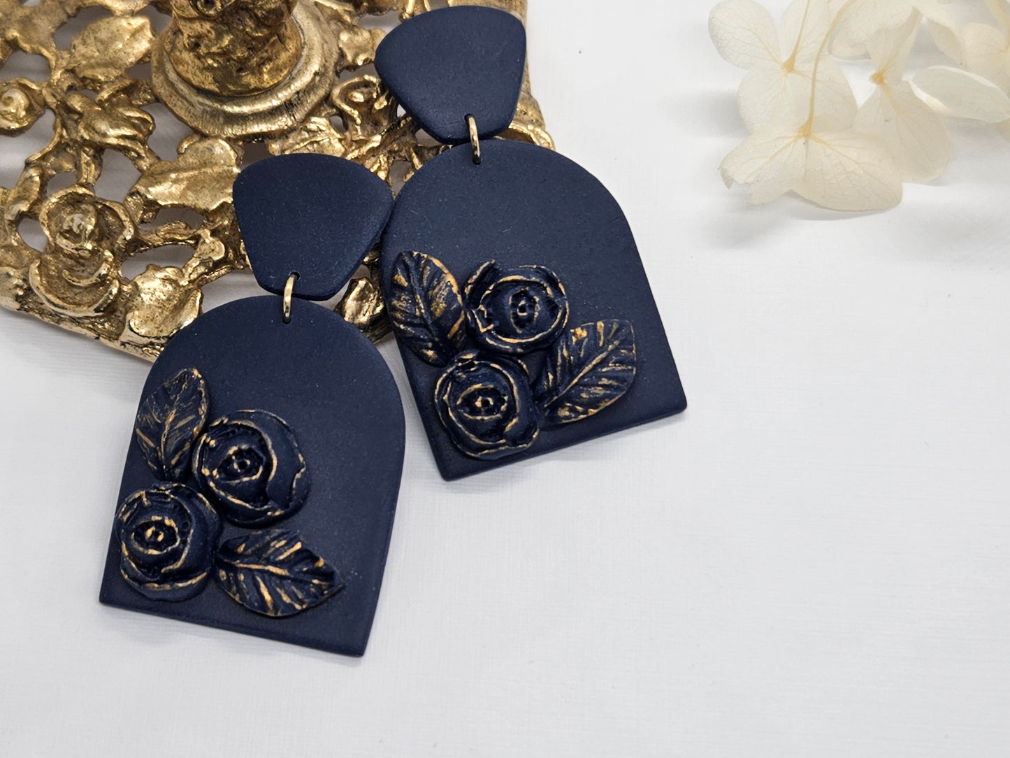 Navy and Gold Rose Arch Earrings