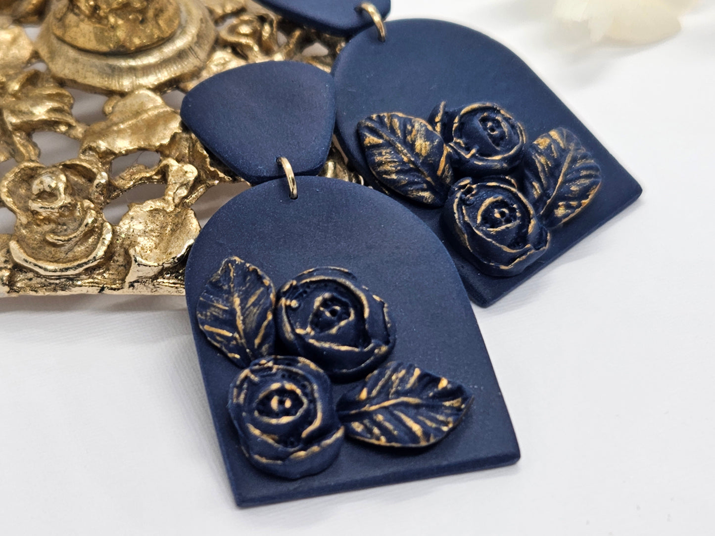 Navy and Gold Rose Arch Earrings