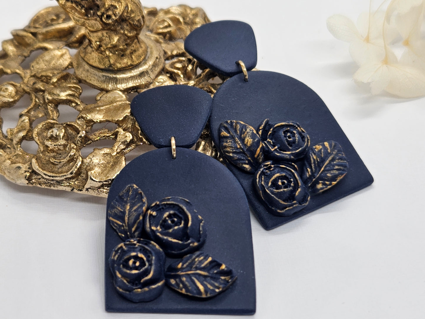 Navy and Gold Rose Arch Earrings