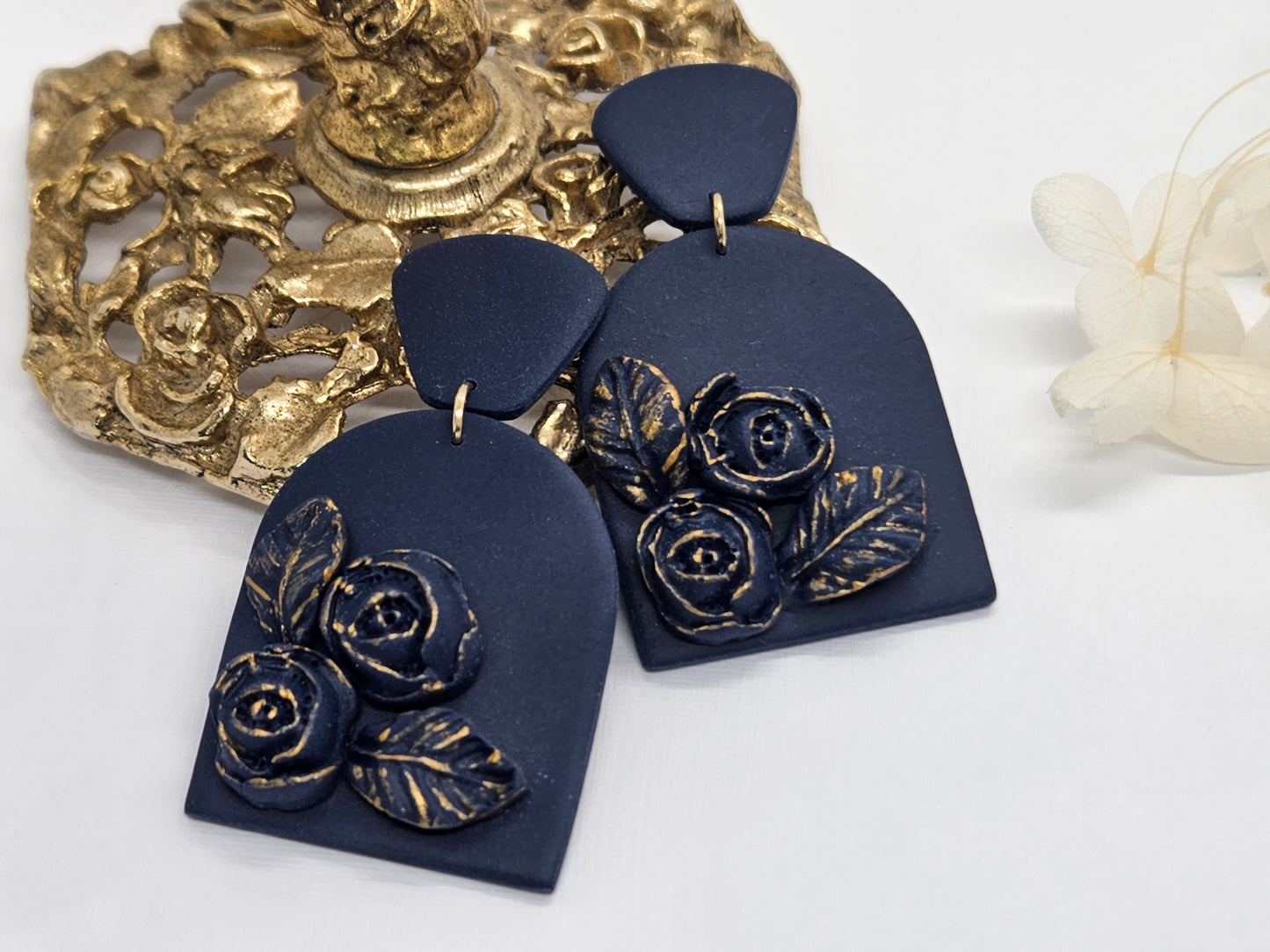 Navy and Gold Rose Arch Earrings