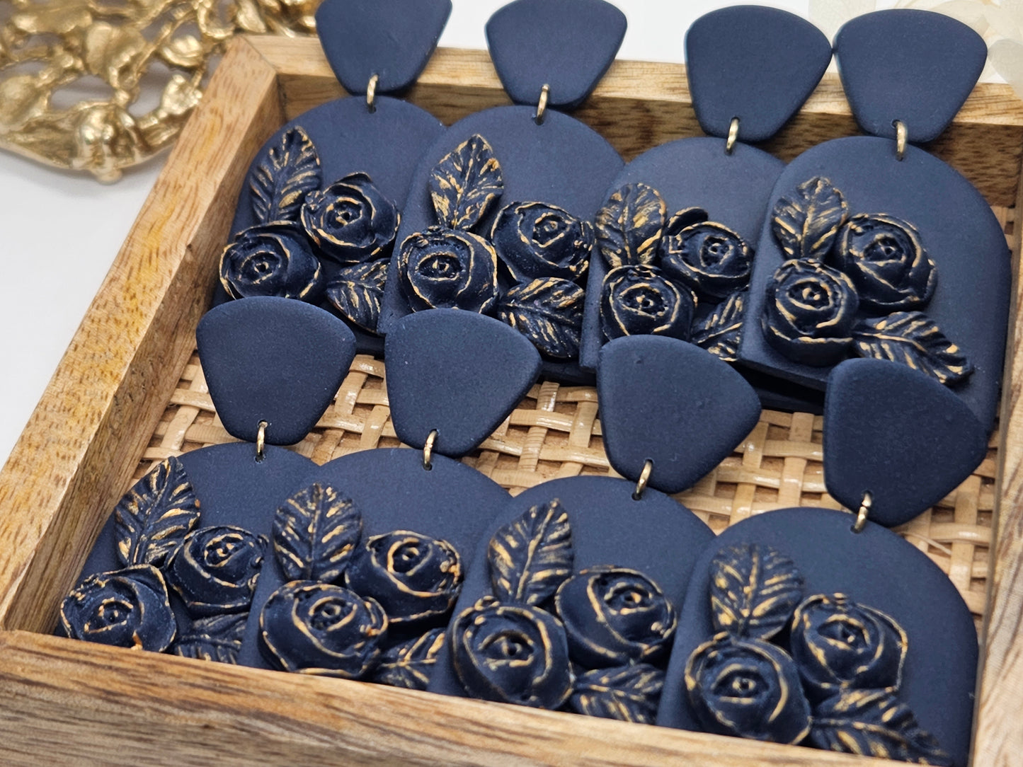 Navy and Gold Rose Arch Earrings