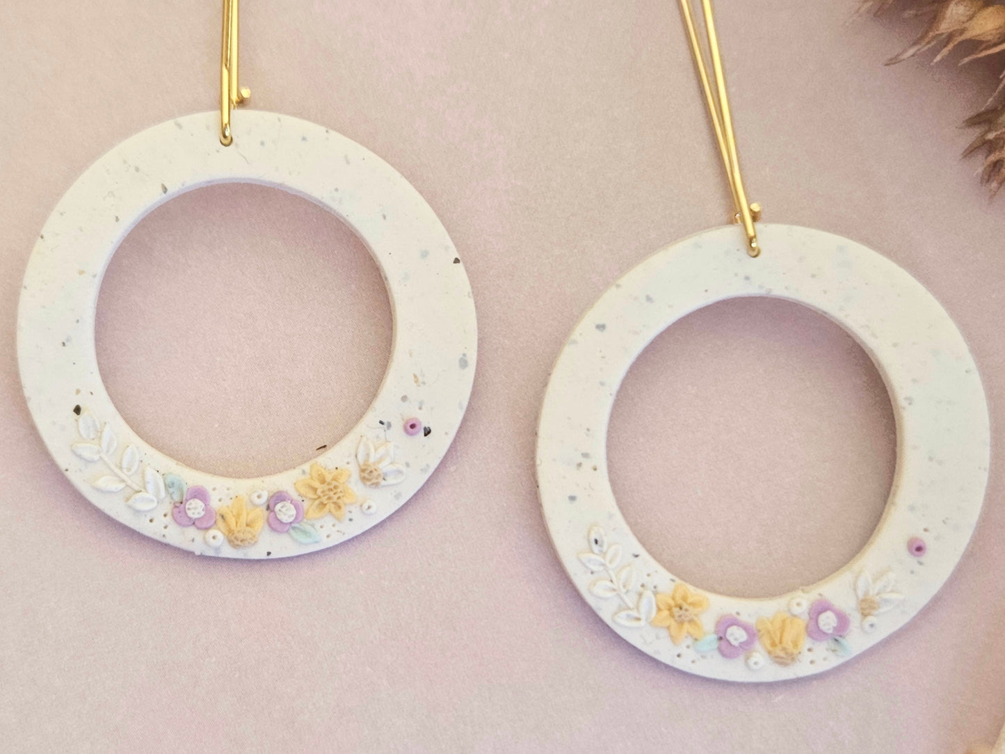 Flecked Floral Purlple Disk Earrings