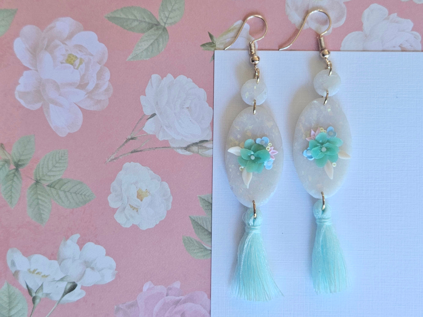 Opal Floral and Tassel Earrings