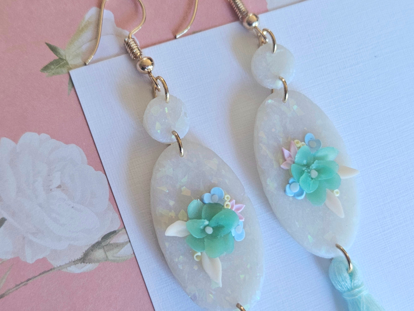 Opal Floral and Tassel Earrings