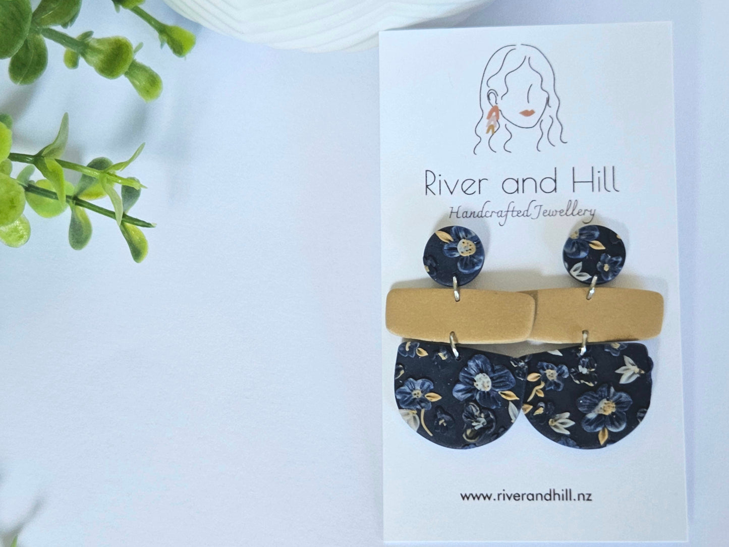 Navy Floral Semi Circle Earrings