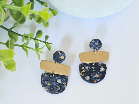 Navy Floral Semi Circle Earrings