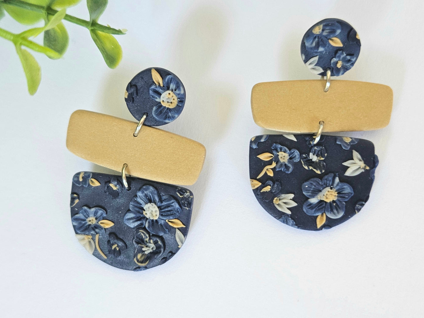 Navy Floral Semi Circle Earrings