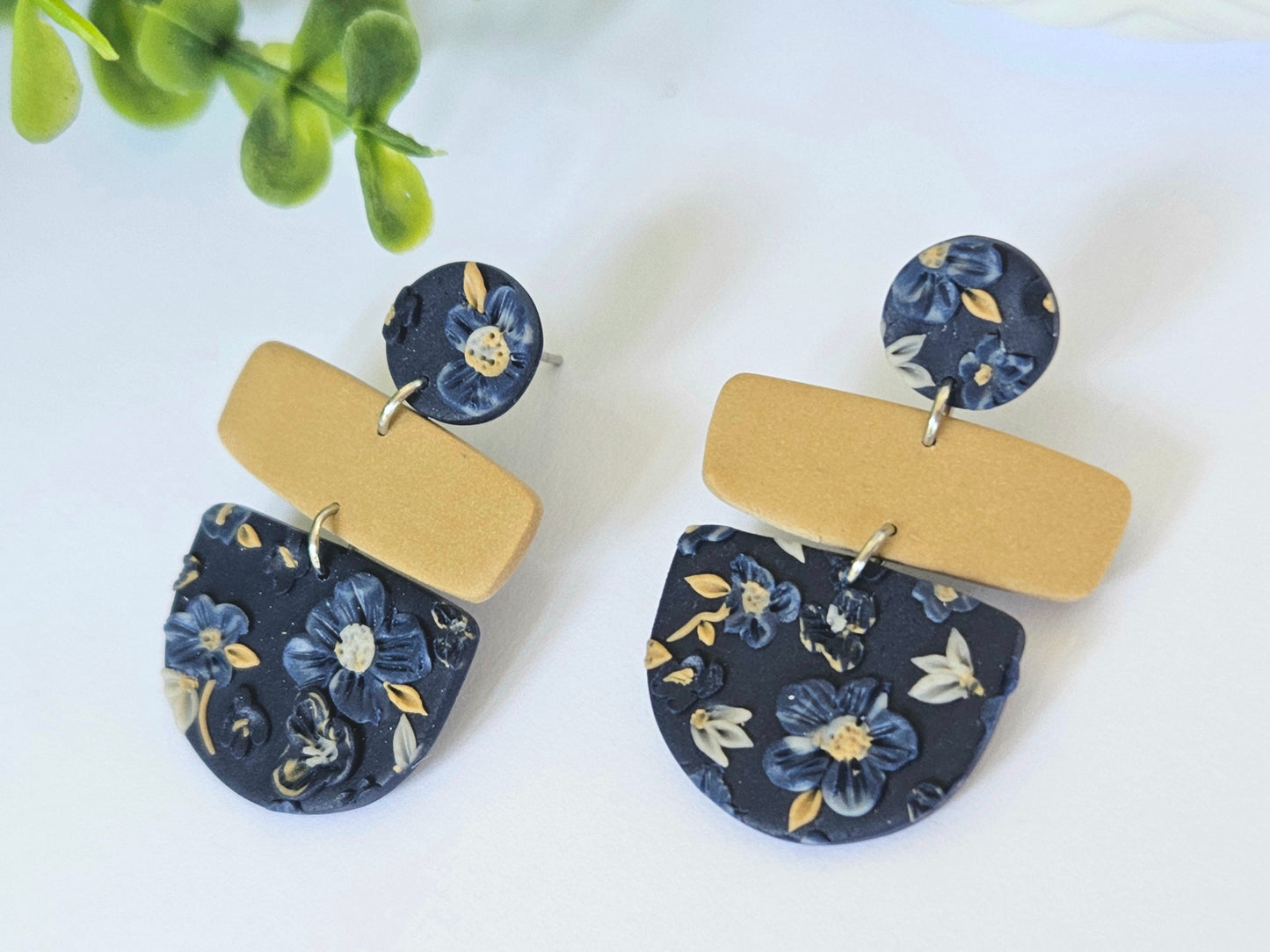 Navy Floral Semi Circle Earrings