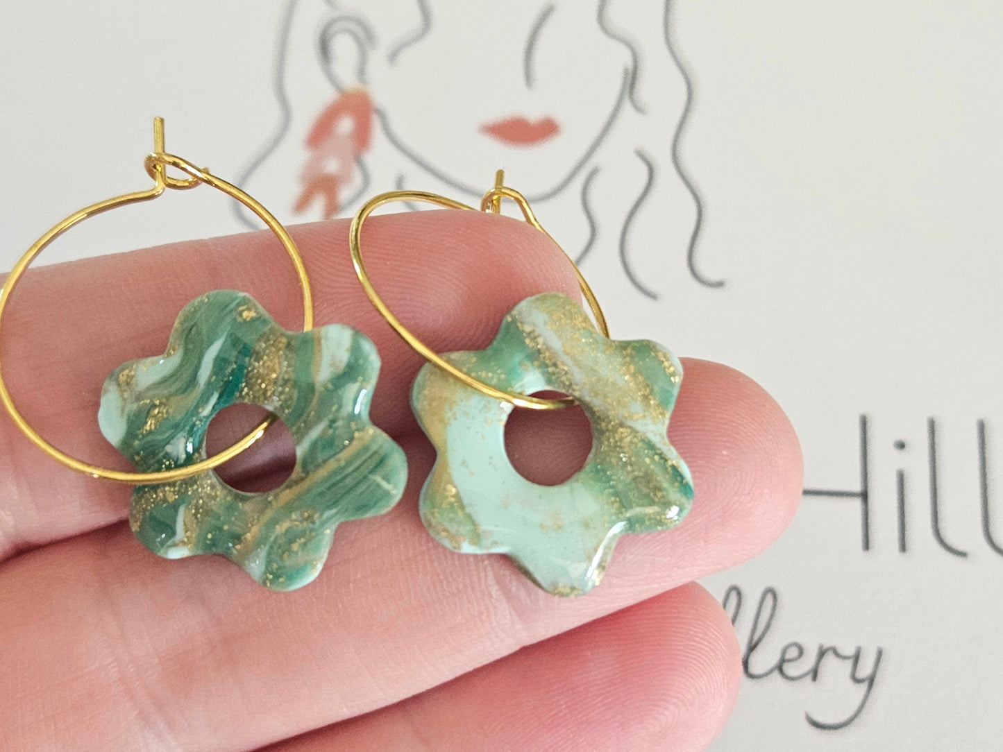 Aqua Marbled Flower Hoops