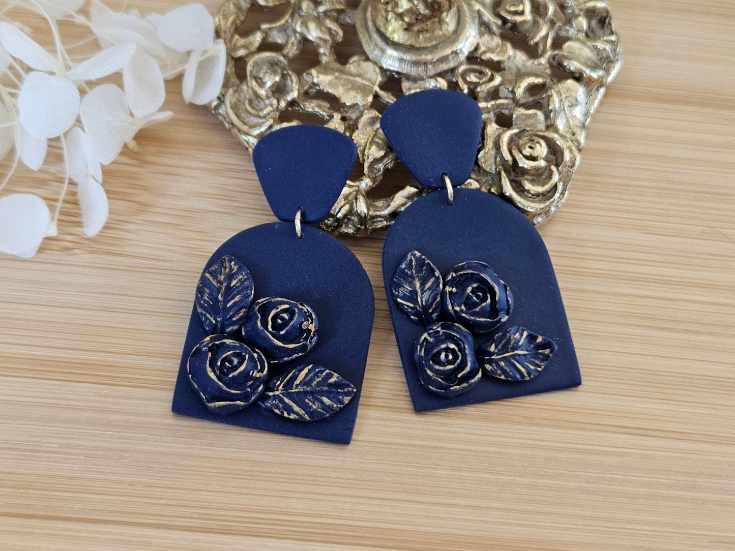 Navy and Gold Rose Arch Earrings