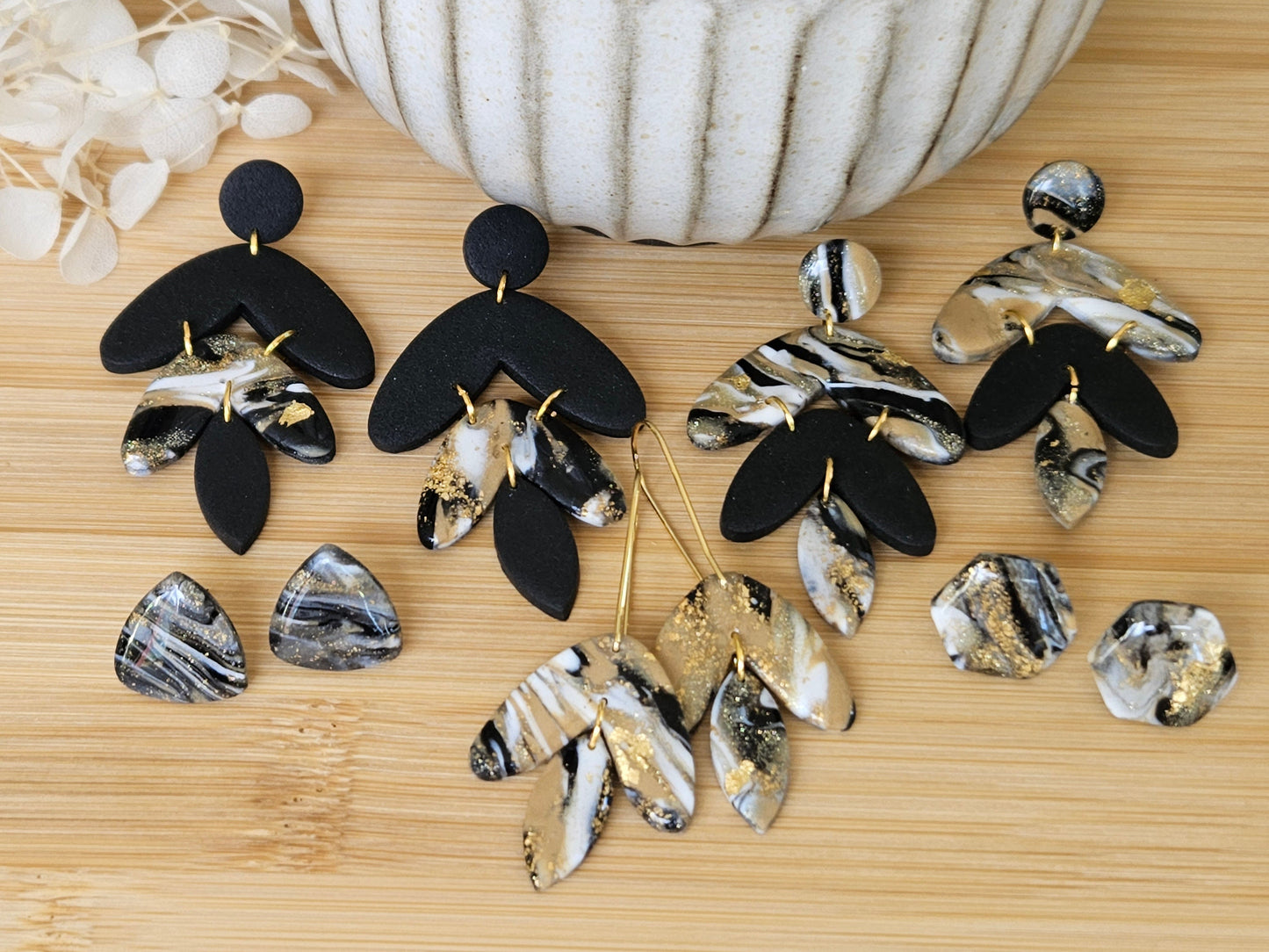 Black Marbled Agate Statement Earrings