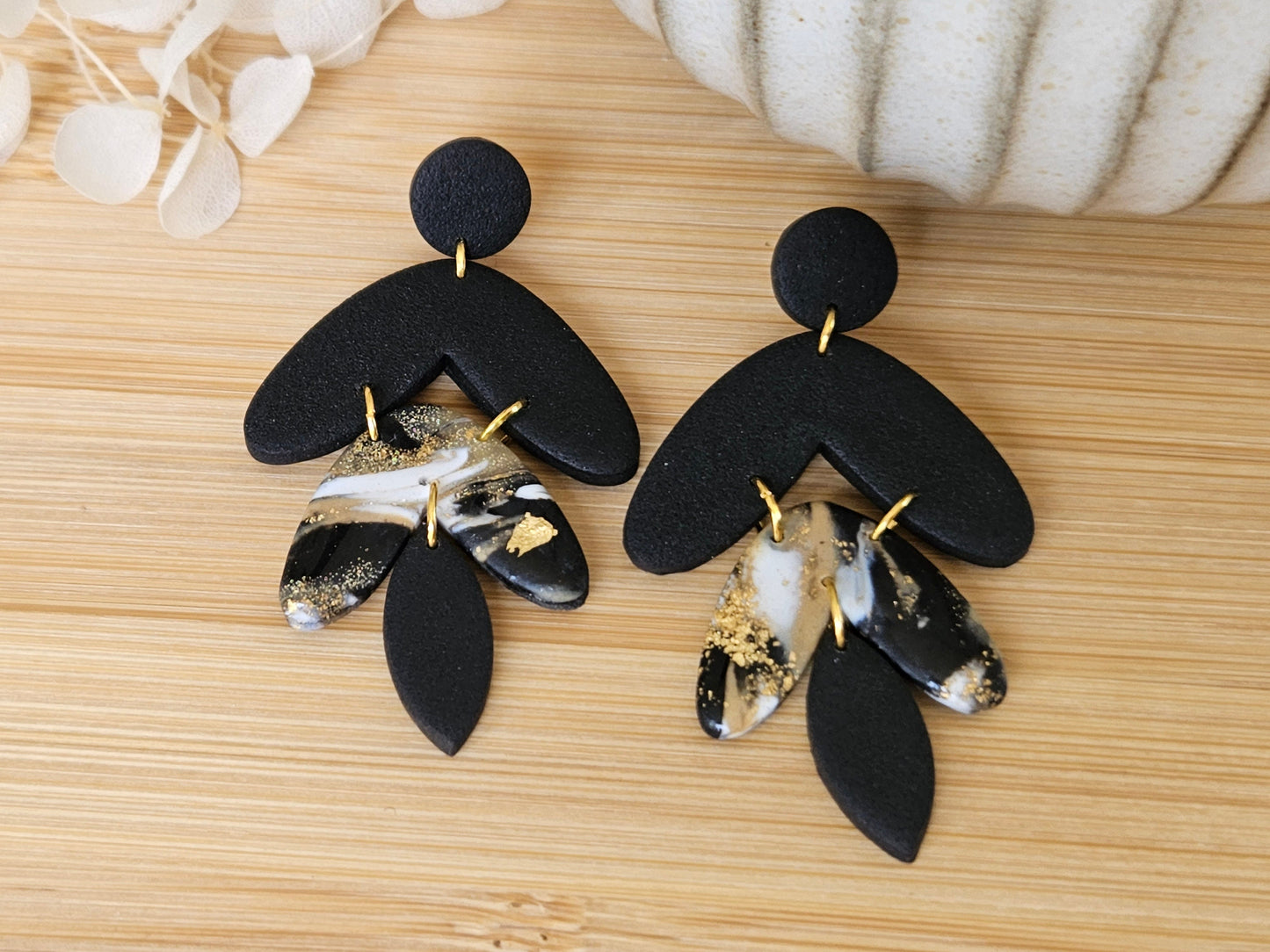 Black Marbled Agate Statement Earrings