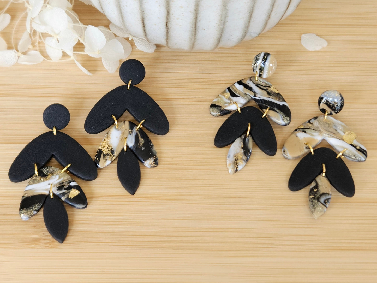 Black Marbled Agate Statement Earrings